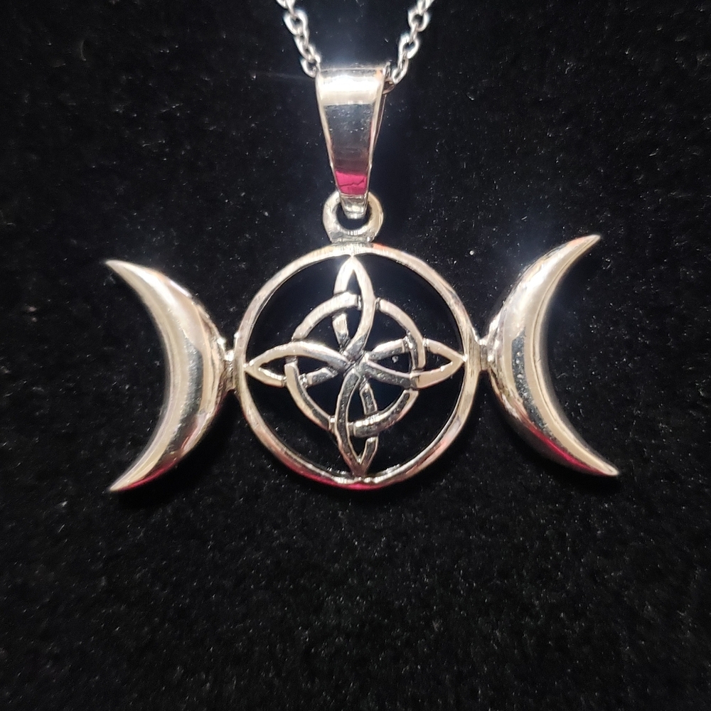 Triple Moon Witch's Knot Pendant Wiccan  Necklace ~ 925 Sterling Silver